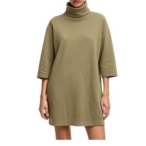 Zara Womens Olive Green Turtleneck 3/4 Sleeve Sweatshirt Mini Shift Dress Small